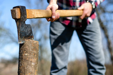 Closeup of an ax held by a lumberjack cutting wood