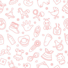 Colorful of seamless pattern of children toys and various children elements in pink.