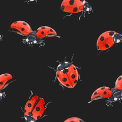 Watercolor ladybug seamless vector pattern