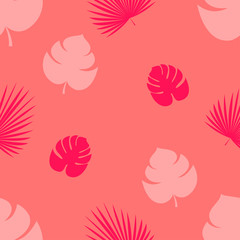 Greenery pattern Vector illustration Seamless pattern with monstera leaves and palm leaves in different colors on a coral background