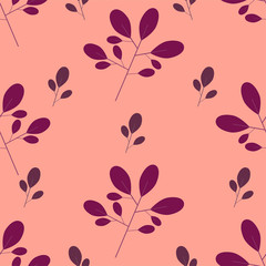 Leaves background Vector illustration Seamless pattern with floral branches on a coral background Flat style