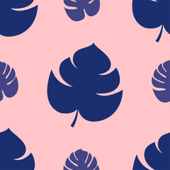 Seamless monstera pattern Vector illustration Design template with blue silhouettes of monstera leaves on a pink background