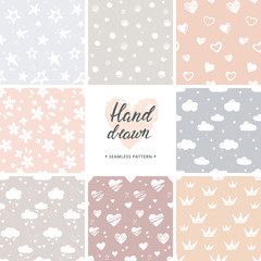 Fototapeta na wymiar Hand drawn vector set of 8 background seamless patterns in various colors.