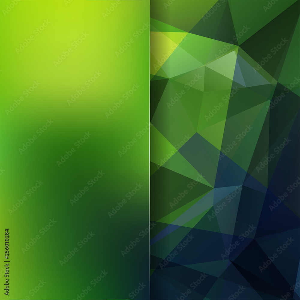Poster geometric pattern, polygon triangles vector background in green, blue tones. blur background with gl