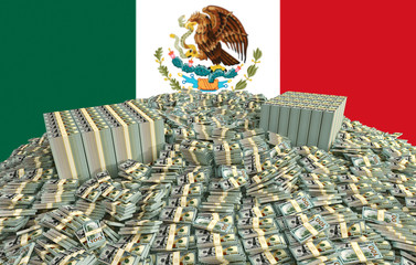 Millions of Dollars - Pile of new 100 Dollar Bills in front of the Mexican flag 