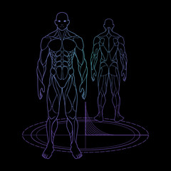 contour shape human body anatomy neon hologram projected at black background , sci fi interface design element , vector illustration