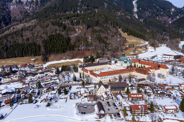 Aerial view, Benedictine abbey Ettal monastery in winter, Ettal, Oberammergau, Garmisch-Partenkirchen region, Bavaria, Germany, July 2019