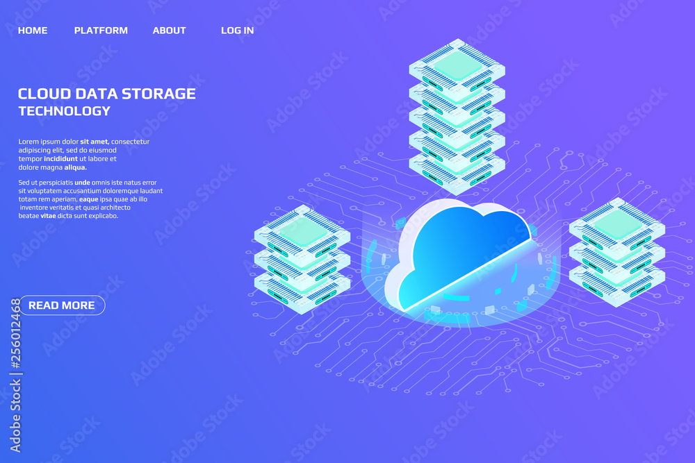 Leinwandbilder cloud storage big data isometric transfer processing center concept. abstract futuristic element dig
