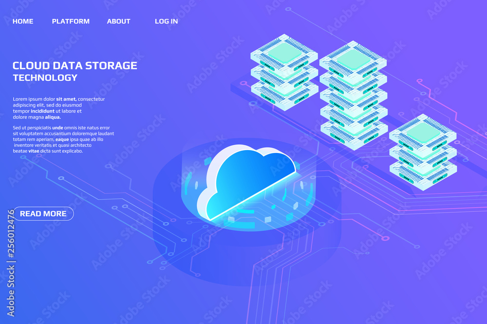 Poster cloud storage big data isometric transfer processing center concept. abstract futuristic element dig