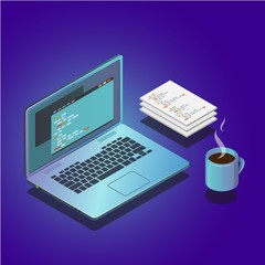 Isometric workspace composition with laptop and papers. 3d vector illustration.