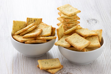Dry salty cracker cookies in bowl on the table