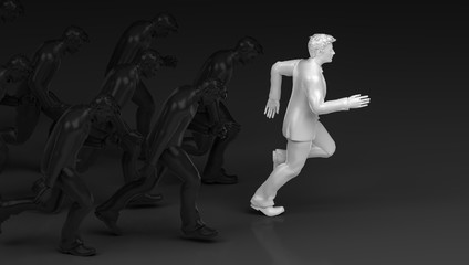 Businessman in white running Success race with competition. 3D Rendering.