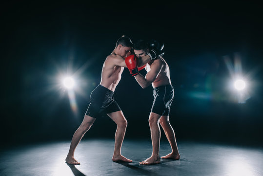 shirtless muscular boxers in boxing gloves standing in clinch
