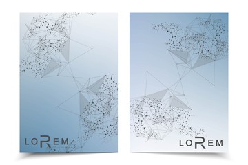 Scientific brochure design template. Vector flyer layout, Molecular structure with connected lines and dots. Scientific pattern atom DNA with elements for magazine, leaflet, cover, poster design