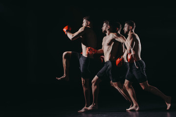 multiple exposure of strong muscular mma fighter in boxing gloves doing kick in jump