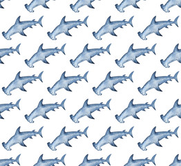 Watercolor hammerhead shark background. Hand painted watercolor pattern with stylized blue hammerhead.