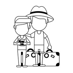 Tourist family cartoon in black and white