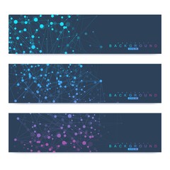 Scientific set of modern vector banners. DNA molecule structure with connected lines and dots. Scientific and technology concept. Wave flow graphic background for your design. Vector illustration.