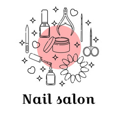 Obraz premium Nail salon and manicure tools. Cuticle nippers and scissors, nail polish, palette and gel paint. Vector transparent flat set of isolated objects in linear style in the shape of a circle