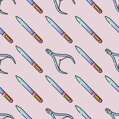 Nail salon. Tools and accessories for manicure and nail. Vector flat color seamless pattern in linear style.