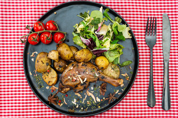 Dish made with cooked duck meat, dehydrated potato, fresh cream of mushroom and cheese