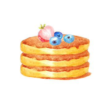 Watercolor three pancakes are exactly a column with three blueberries and strawberrie  on a white background.