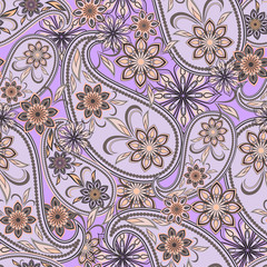 Seamless colorful pattern with paisley. Traditional lilac ethnic ornament. Vector print. Use for wallpaper, pattern fills,textile design.