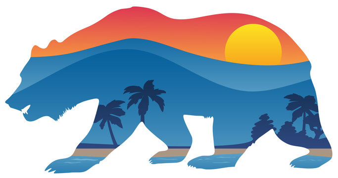 California bear with mountain shoreline summer scene overlay isolated vector illustration