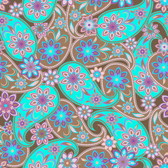 Seamless colorful pattern with paisley. Turquoise ethnic ornament. Vector print. Use for wallpaper, pattern fills,textile design.