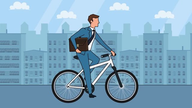 Flat cartoon businessman character with case bag cyclist riding a white bicycle animation
