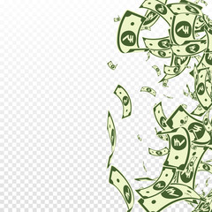 Indian rupee notes falling. Messy INR bills on tra