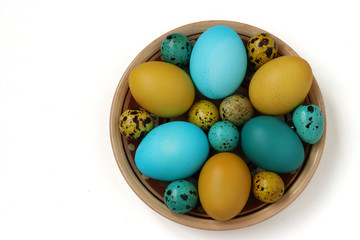 Yellow and blue chicken and quail eggs for Easter, Spring holiday concept