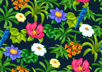 Seamless pattern with tropical flowers. Exotic tropical plants.