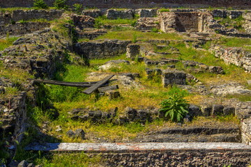 Ancient stone ruins and excavations near Royal Buda Castle in Budapest, Hungary. View of...
