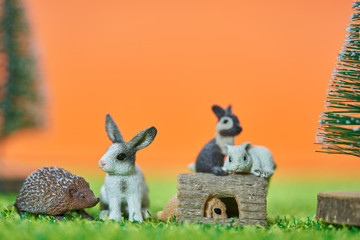Happy easter background with bunnies on grass