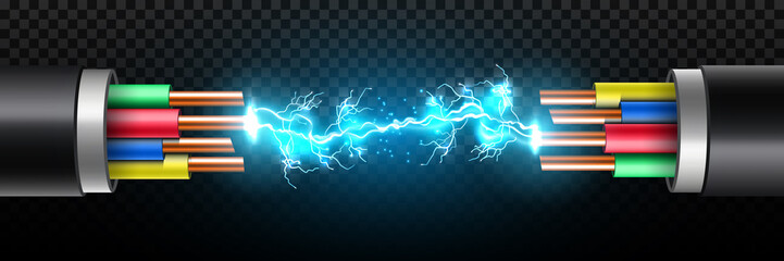 Creative vector illustration of electric glowing lightning between colored break cable, copper wires with circuit sparks isolated on transparent background. Art design. Abstract concept element