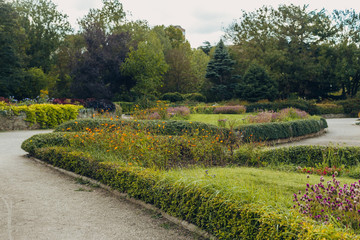 Fototapeta na wymiar Beautiful view of green city park with flower beds
