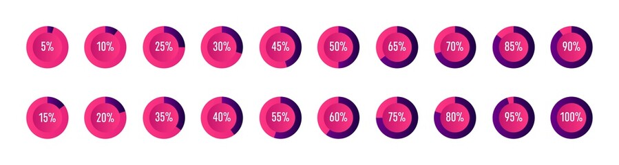 Creative vector illustration of circle percentage diagrams 0 to 100 set isolated on transparent background. Art design web, ui, pie charts infographic template. Abstract concept graphic element