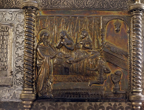 Bass relief with images from the life of St. Simeon, Saint Simeons chest at the atrium of Croatian Academy of Sciences and Arts in Zagreb