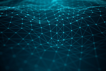 Obraz premium Data technology, abstract global network. Global connecting, network connection dots and lines on blue background. Transfer of big data consisting of connected points with lines, 3D illustration