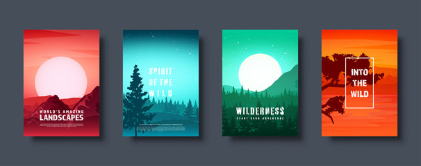 Mountains and forest. Wild nature landscape. Travel and adventure.Panorama. Into the woods. Horizon line.Trees,fog. Vector illustration.