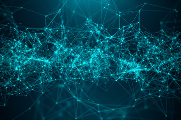 Abstract transfer big technology. Digital landscape with Global connecting, low poly network connection dots and lines on blue background. Cyberspace technology. 3D illustration