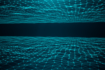 Abstract transfer big technology. Digital landscape with Global connecting, low poly network connection dots and lines on blue background. Cyberspace technology. 3D illustration