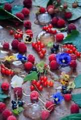 Fototapeta na wymiar Raspberries, red currrant and black currant with ice cubes