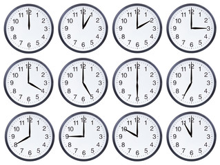 Set of office clocks showing different time isolated on white background
