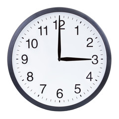 Round office clock showing three o'clock isolated on white background