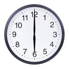 Round office clock showing six o'clock isolated on white background