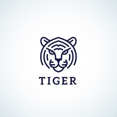 Line Style Tiger Face Abstract Vector Icon, Symbol or Logo Template. Wild Animal Head Sillhouette with Typography. Creative Predator Emblem.