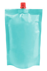 Blue plastic pouch with red cap isolated on white background