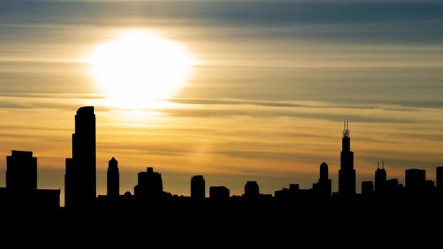 Chicago: Skyline of City with Skyscrapers in Silhouette at Sunset, Illinois, USA
